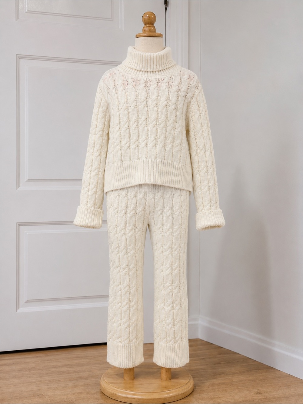 Kids Cream Cable-Knit Turtleneck Pajama Set